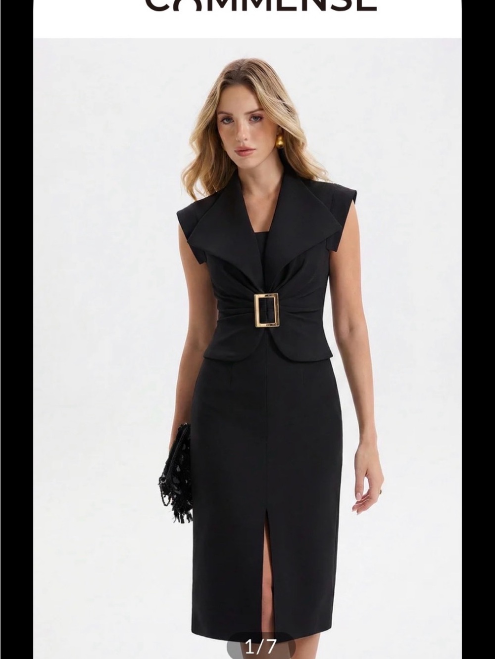 Commense Black Sleeveless Midi Dress with Gold Buckle Accent